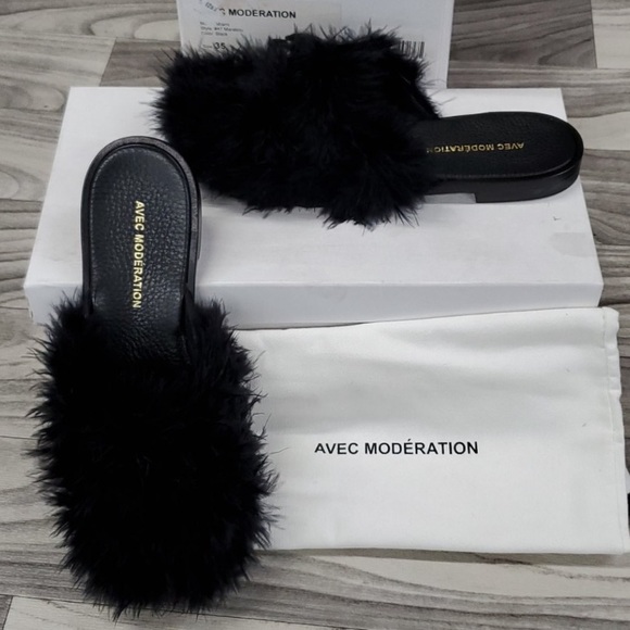 NIB! Avec Moderation Black Miami Marabou Mules - Picture 2 of 12